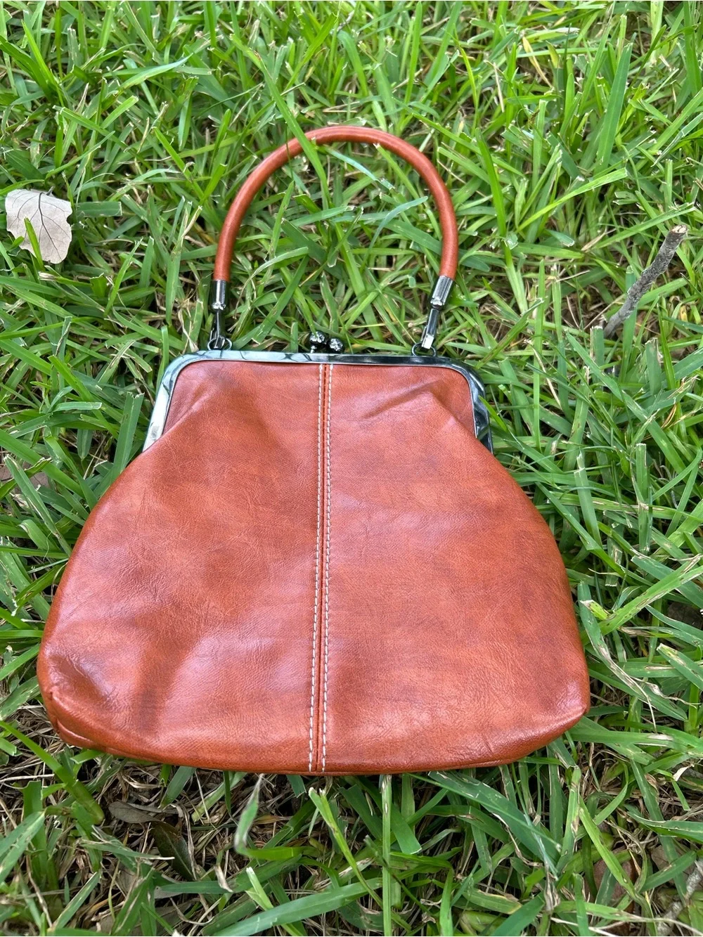 Classic Brown Leather Kiss-Lock Handbag - Women's Bag